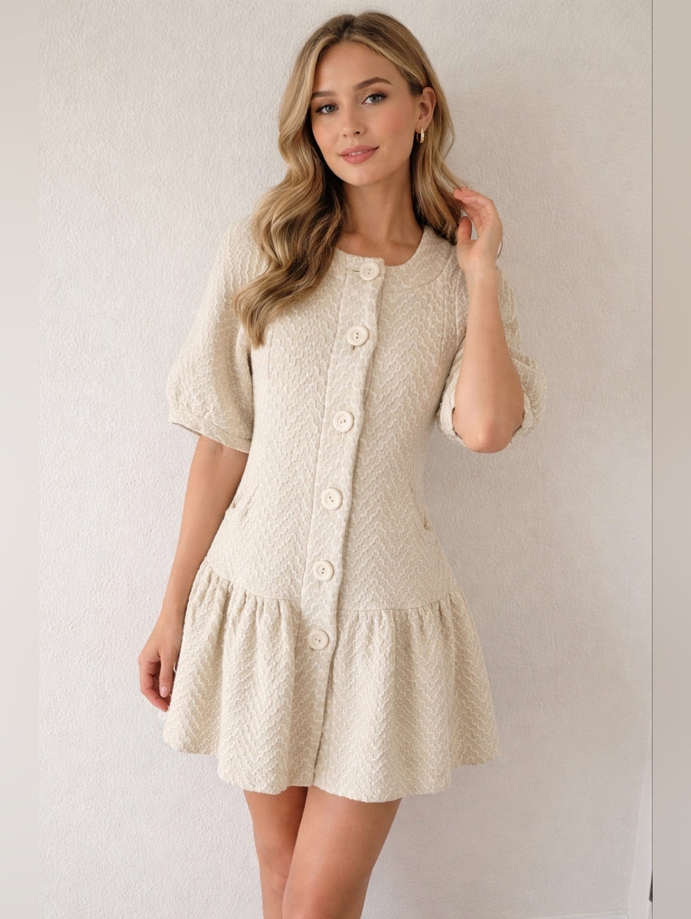 Plenty by Tracy Reese Ivory Chevron Wool Blend Peplum Coat - Medium